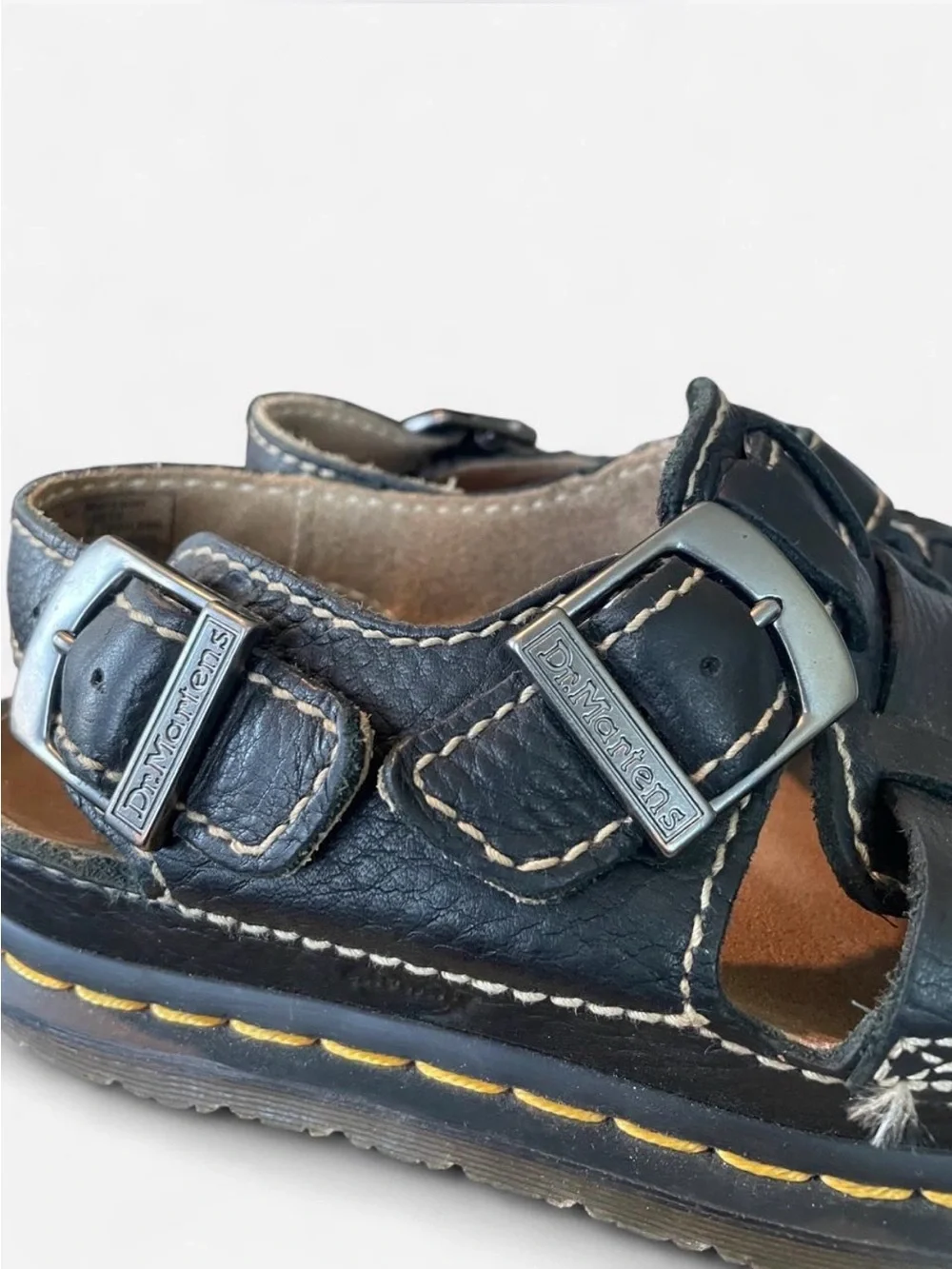 Vintage Dr. Martens Black Leather  Fisherman Sandals with Yellow Stitching